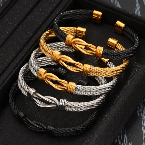 Brazalete Abierto de Nudo de Cable Trenzado de Acero de Titanio 18K Galvanizado al Vacío para Hombres Mujeres Joyería