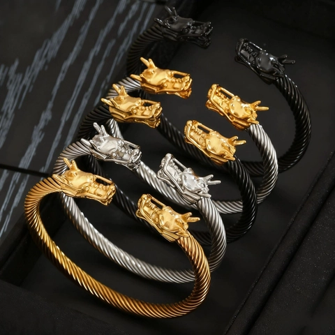 Brazalete Abierto de Acero Inoxidable con Doble Cabeza de Dragón para Hombre Pulsera de Puño Punk Hip Hop Joyería