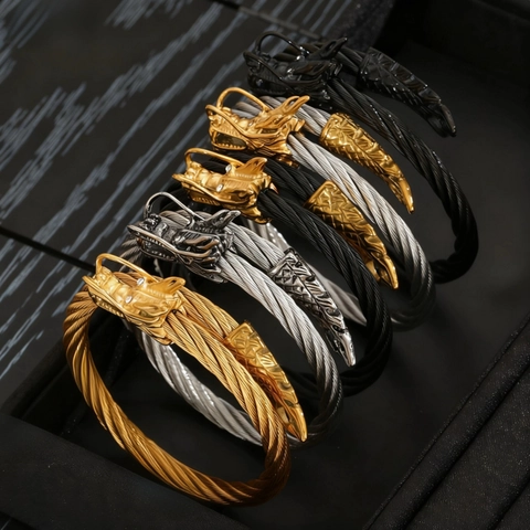 Brazalete Vintage de Cable de Acero Inoxidable con Cabeza de Dragón para Hombre Chapado en Oro Negro Plata Brazalete Torsonado