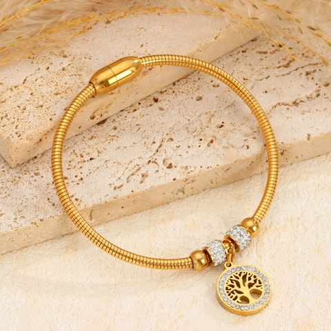 Pulsera de Cadena de Serpiente de Acero Inoxidable para Mujer Chapado en Oro 18K Árbol de la Vida Corazón Estrella Joyería