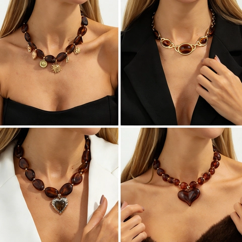 Vintage Boho Κολιέ Y με Μάτι της Τίγρης για Γυναίκες Επιχρυσωμένο Κράμα Ρητίνη Καρδιά Νόμισμα Μενταγιόν Εθνικά Κοσμήματα