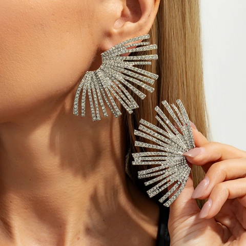 Vintage Gothic Alloy Rhinestone Dangle Earrings For Women Luxury Leaf Moon Floral Fan Shaped Heavy Statement Earrings Jewelry