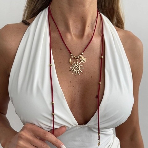 Bohemian Lange Schnur Halskette Für Damen Gold Legierung Sonne Sichelmond Anhänger Verstellbar Samt Seil Vintage Schmuck