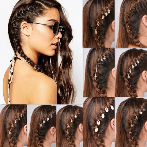 Bohemian Alloy Braid Hair Rings Set With Star Leaf Hamsa Hand Shell Charms For Women Ethnic Braid Jewelry Accessories