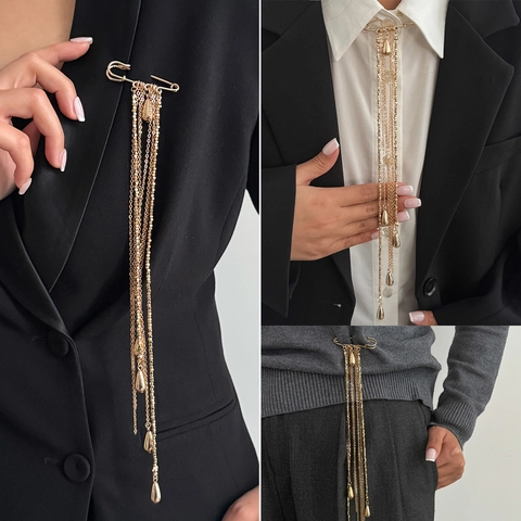 Ins Style Iron Tassel Chain Safety Pin Brooch Suit Teardrop Pendant Women Fashion Jewelry Decoration Gold Silver Accessory