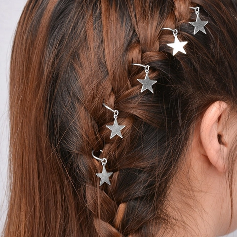 Bohemian Alloy Braid Hair Rings Set With Star Leaf Hamsa Hand Shell Charms For Women Ethnic Braid Jewelry Accessories
