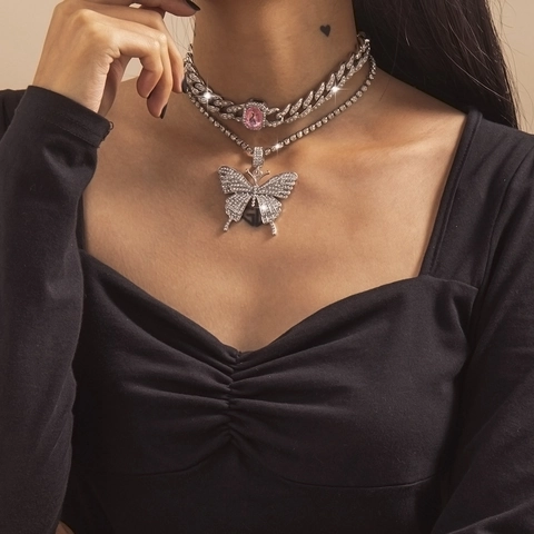 Mode Legierung Strass Mehrlagige Halskette Set Großer Schmetterling Anhänger Bunte Edelstein Panzerkette Damen Party Schmuck