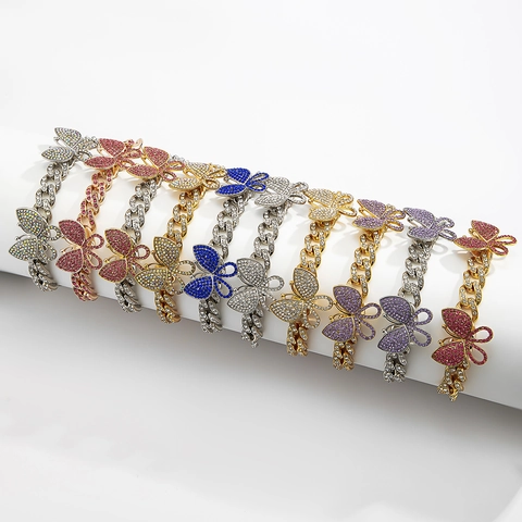 Women Luxury Butterfly Cuban Link Anklet Alloy Full Rhinestone Pave Foot Chain Adjustable Hip Hop Fashion Jewelry For Summer Beach