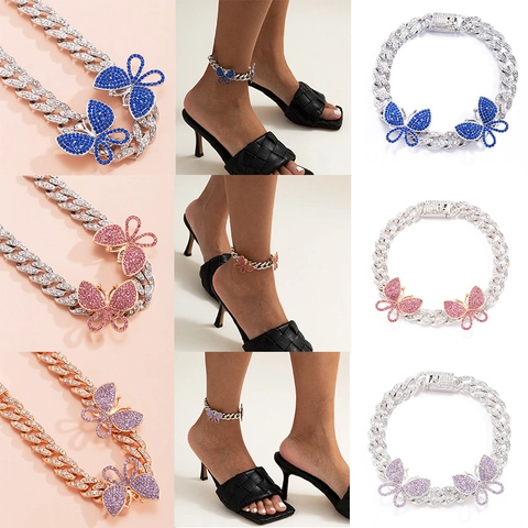 Hip Hop Punk Alloy Rhinestone Butterfly Cuban Link Anklet Minimalist Exaggerated Chain Foot Jewelry For Women Party Gift