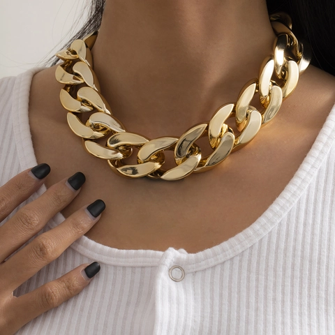 Grobe Punk Geometrische Ketting Halsketting Voor Heren Dames Aluminium Kunststof Goud Zilver Tweekleurig Cubaanse Schakel Hip Hop