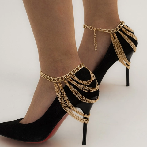 Multilayer Tassel Hip Hop Shoe Chain Anklet For Women Exaggerated Geometric Metal Link Chain Shoe Decoration Accessories