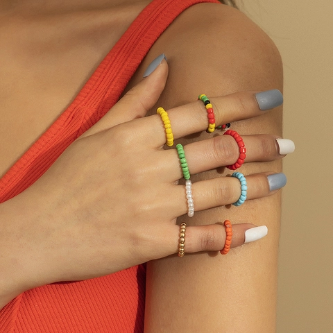 Böhmisches Set Aus Mehrfarbigen Samenperlen-Ringen Für Damen Elastische Perlen-Fingerringe Handgefertigter Bunter Schmuck