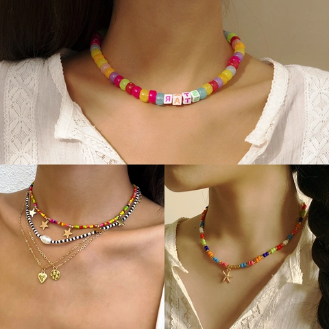 Handgefertigte Bunte Polymer-Ton Saatperlen Halskette Mit Smiley Stern Herz Anhänger Mehrlagige Y2K Boho Choker Damen Schmuck