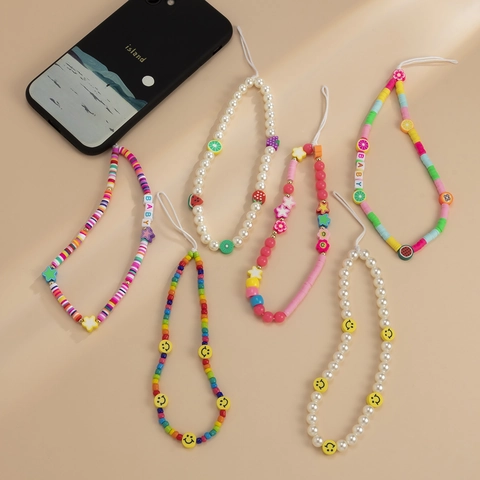 Handgefertigte Künstliche Perlen Handykette Bunte Polymerton Frucht Lächelndes Gesicht Kunstperle Handyhänger Für Damen Mädchen Schmuck