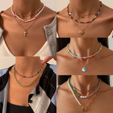 Boheemse Gelaagde Kraaltjesketting Met Legering Hart Ster Paddenstoel Hanger Kunstparel Kwastje Sieraden Voor Dames