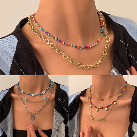 Boheemse Gelaagde Kraaltjesketting Met Legering Hart Ster Paddenstoel Hanger Kunstparel Kwastje Sieraden Voor Dames