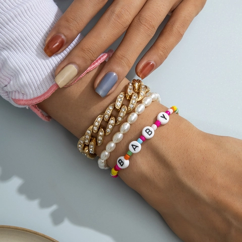 Trendy Alloy Rhinestone Cuban Link Chain Faux Artificial Pearl Colorful Seed Bead Bracelet With Baby Letter Beads For Women Jewelry