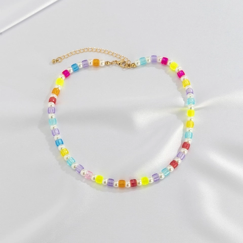 Bohemian Colorful Beaded Necklace For Women Summer Vacation Jewelry Artificial Pearl Transparent Plastic Geometric Chain Adjustable Choker Necklace