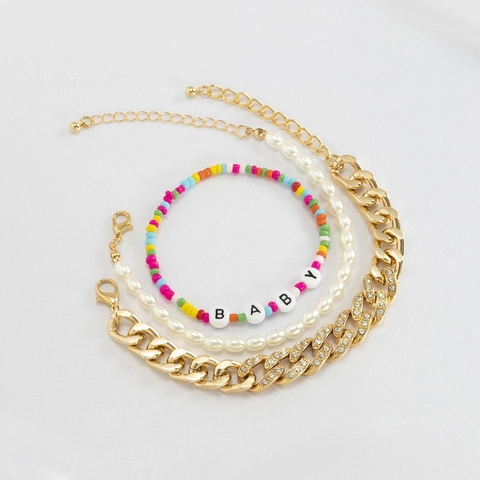 Women's Fashion Alloy Artificial Pearl Bracelet Set With Cuban Chain Rhinestone Multicolor Beaded Baby Letter Bracelets