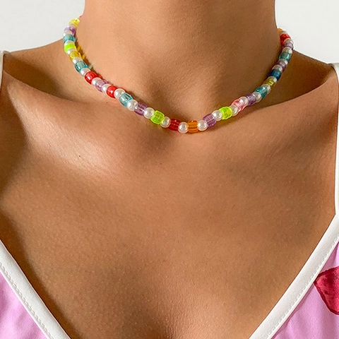 Bohemian Colorful Beaded Necklace For Women Summer Vacation Jewelry Artificial Pearl Transparent Plastic Geometric Chain Adjustable Choker Necklace