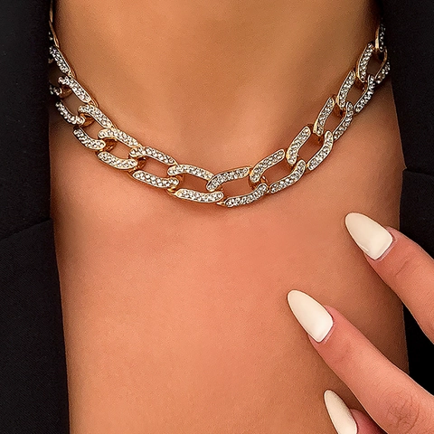 Luxe Legering Strass Cubaanse Schakelketting Armband Set Voor Dames Punk Hip Hop Iced Out Choker Sieraden Goud Zilver