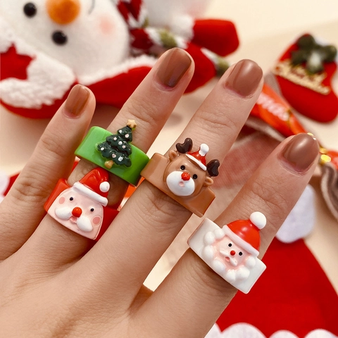 Schattige Kerst Cartoon Kerstman Rendier Acryl Ring Feestelijke Partij Sieraden Cadeau Voor Vrouwen Tieners Kinderen Ring