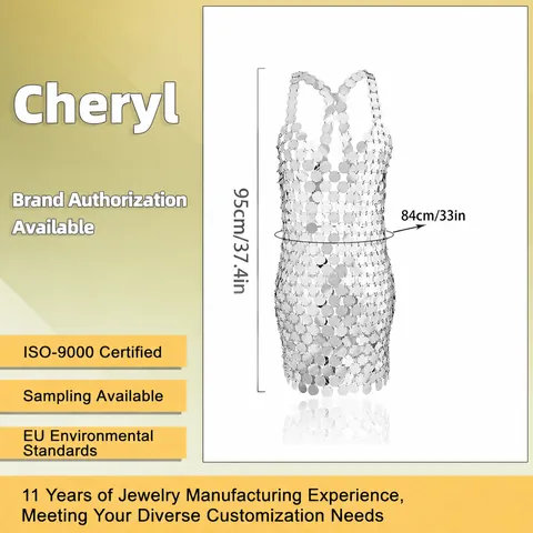 Sexy Geometric Hollow Out Sequin Body Chain Dress Round Discs Nightclub Stage Performance Rainbow Silver Accessories Women