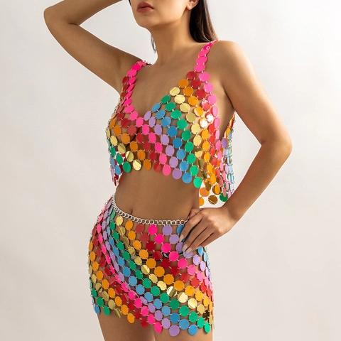 Multicolor Sequin Body Chain Rainbow Tassel Bikini Top And Mini Skirt For Rave Party Music Festival Clubwear Women Accessory