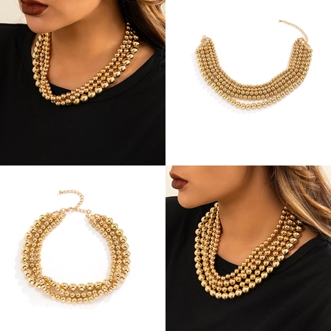 Minimalist Multi Layered Beaded Chain Necklace For Women Punk Style Metallic Plastic Gold Silver Plated Choker Statement Jewelry Gift