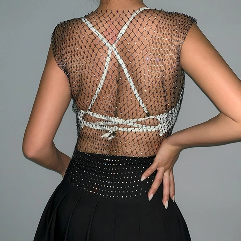 Damen Sexy Strass Fischernetz Mesh Westenoberteil Funkelnde Diamant Ausschnitt Ärmellos Durchsichtig Party Clubwear Körperschmuck