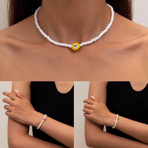 Collar Pulsera Anillo Tobillera Pastoral Cuentas de Semilla Acrílico Alfabeto Letra Flor Boho Corazón Colorido Joyería de Cuentas Mujer