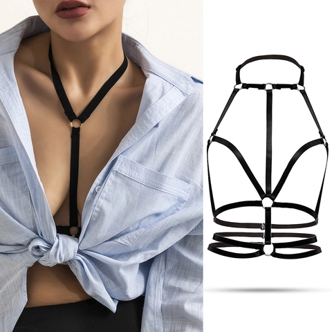 Chaîne de Poitrine Sexy en Élastique Noir Harnais de Corps pour Femme Punk À Brides Ajouré Boîte de Nuit Fête Bikini Bijoux de Corps