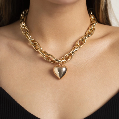 Chunky Aluminum Chain Necklace With CCB Heart Pendant Gold Silver Plated Hip Hop Fashion Hollow Out O-Chain For Women