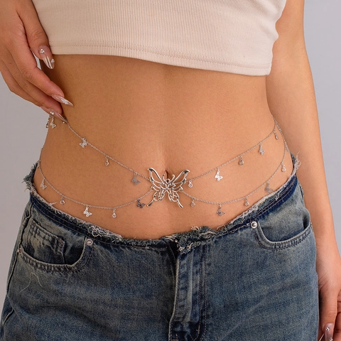 Sexy Butterfly Pendant Double Layer Metal Waist Chain For Women Tassel Alloy Rhinestone Body Chain Street Style Belly Chain Jewelry