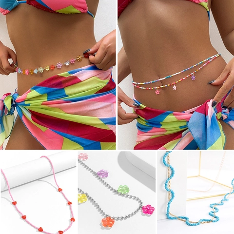 Bohemian Farbige Perlen Bauchkette Sexy Körperkette Blumen Herz Anhänger Schmuck Für Damen Sommer Strand Urlaub Accessoire