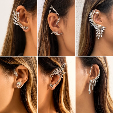 Punk Elf Ear Cuff No Piercing Alloy Rhinestone Dragon Wing Snake Ear Wrap Earrings For Women Trendy Gothic Jewelry Gift