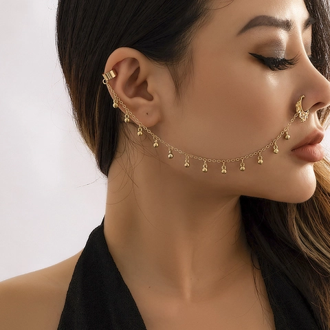 Vintage Bohemian Faux Artificial Pearl Tassel Nose To Ear Chain For Women Non Pierced Nose Ring Gold Silver Iron Alloy Body Jewelry