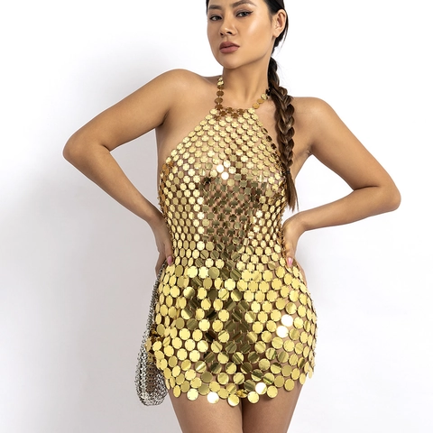 Abito Mini in Catena per il Corpo con Paillettes Sexy Allacciatura al Collo Senza Schiena Oro Argento Metallico Cerchio Donna