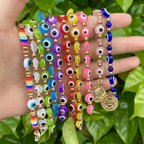 Bracelet Bohème Coloré Oeil de Turquie pour Femmes Pendentif Pièce d'Or Vintage Bijoux Ethniques en Perles de Plastique Réglables
