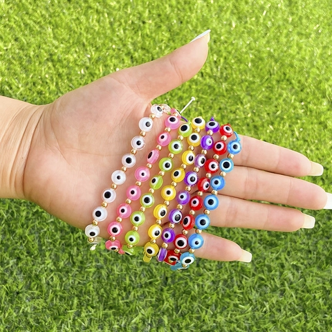 Bracelet Bohème Coloré Oeil de Turquie pour Femmes Pendentif Pièce d'Or Vintage Bijoux Ethniques en Perles de Plastique Réglables