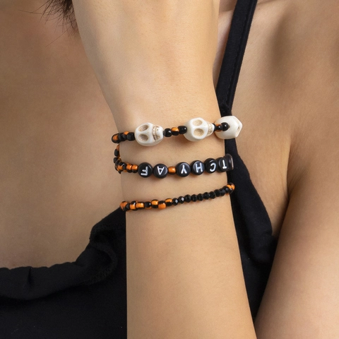 Juego de Pulseras de Cuentas de Halloween para Mujer Naranja Negro Resina Calavera Witchy AF Letras Gótico Joyería de Fiesta