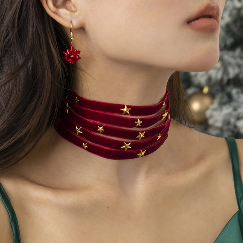 Fashion Gold Color Alloy Star Tassel Pendant Necklace Set Red Velvet Choker And Star Earrings For Women Christmas Jewelry