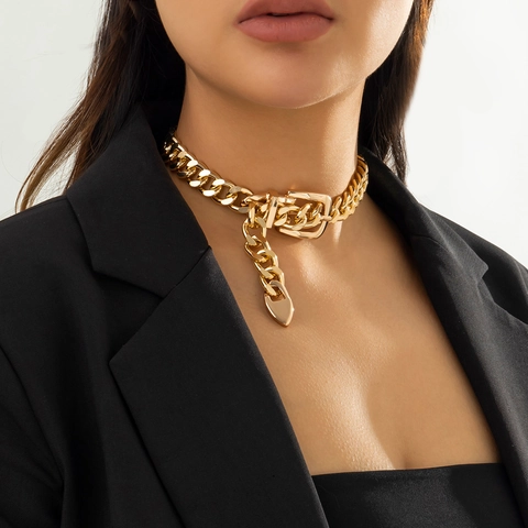 Vintage Minimalist Chunky Chain Necklace For Women Men Retro Belt Buckle Pendant Choker Cold Style Fashion Metal Jewelry