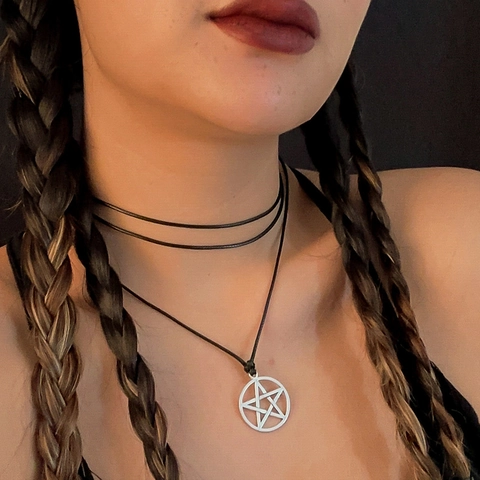 Vintage Gothic Pentagram Pendant Multilayer Choker Necklace Black Wax Rope Punk Hip Hop Jewelry For Women Girls