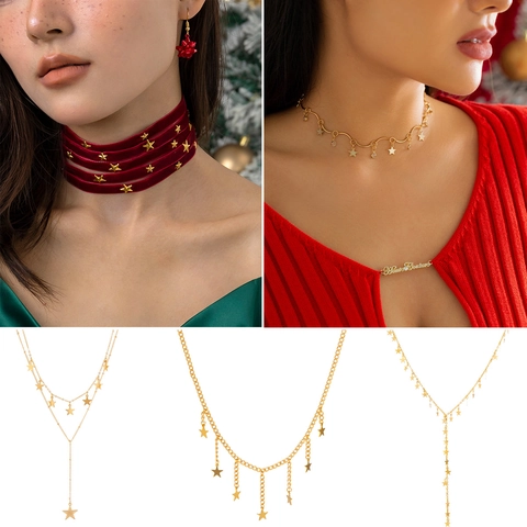Vintage Goud Legering Ster Hanger Ketting En Wijnrood Satijn Choker Met Kwastje Ketting Y-Lariat Voor Vrouwen Kerstmis
