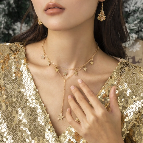 Vintage Goud Legering Ster Hanger Ketting En Wijnrood Satijn Choker Met Kwastje Ketting Y-Lariat Voor Vrouwen Kerstmis