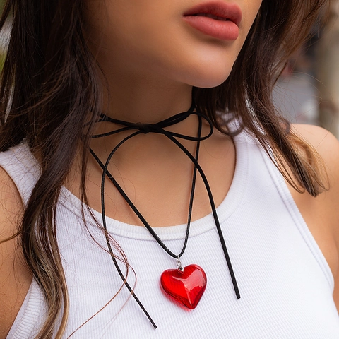 Fashion Adjustable Wax Thread Velvet Choker Necklace Minimalist Zinc Alloy Large Heart Pendant Jewelry For Women Party