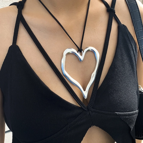 Übertriebene Legierung Herz Anhänger Halskette Für Damen Retro Boho Großes Herz Choker Koreanischer Samt Kordel Halsketten