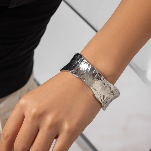 Wide Cuff Bracelet For Women Metal Hammered Texture Irregular Open Bangle Punk Rock Style Fashion Statement Jewelry