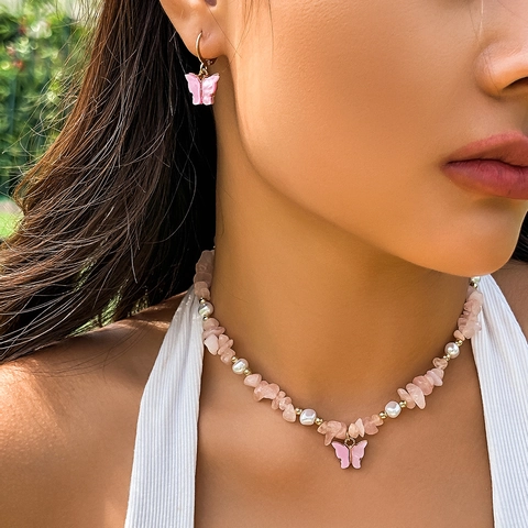 Collana Orecchini Bracciale in Lega con Ciondolo a Farfalla Künstliche Perle Sintetiche Pietra Triturata Gioielli Estivi Dolci per Donna